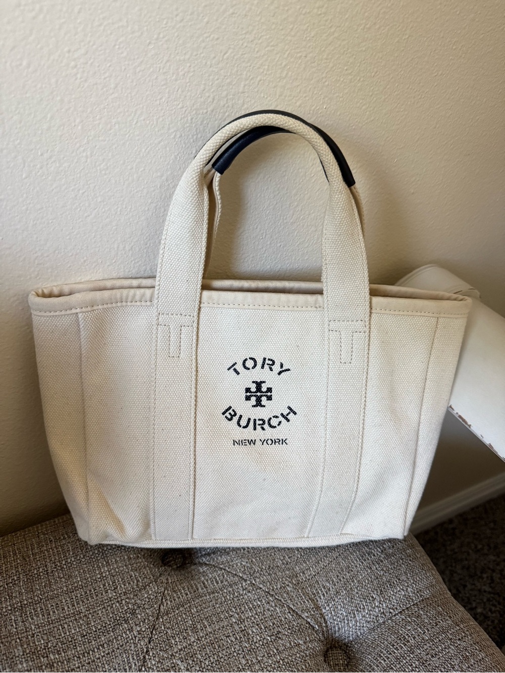 Tory Burch Mini Mercer Canvas Tote Bag - Ivory / Navy Blue Accent
